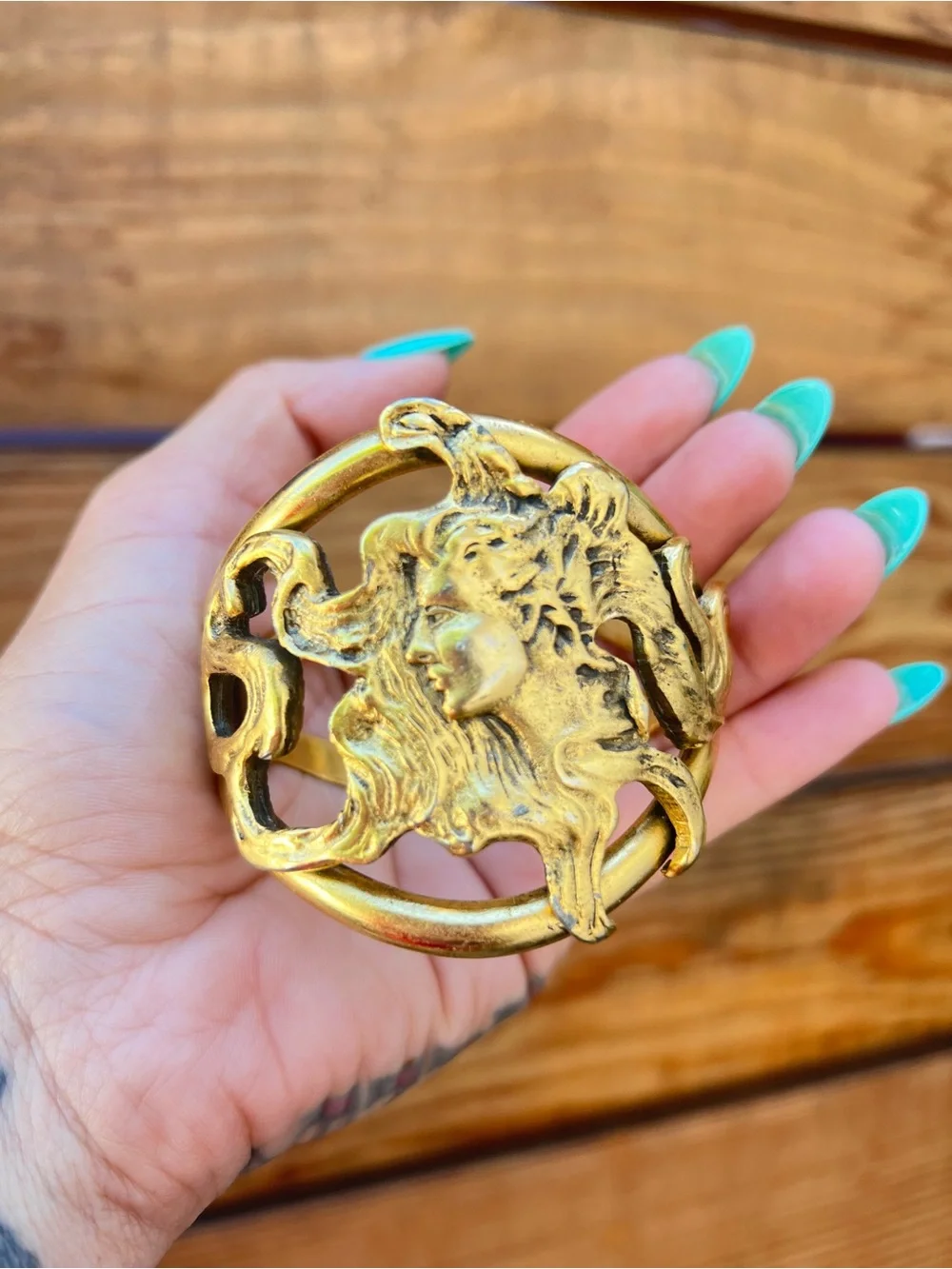1970’s Vintage Gold Metal Goddess Art Nouveau Signed Clamper Bracelet